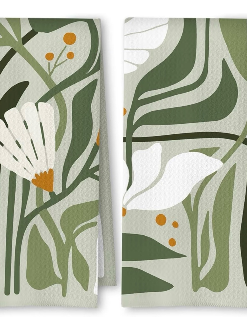 Botanical Floral Cotton Tea Towels in Green & White